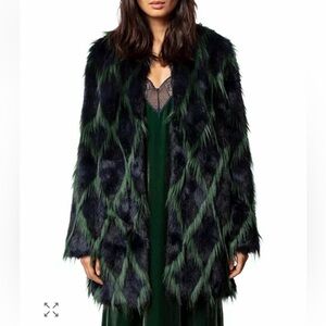 Zadig & Voltaire Louisy Harlequin faux fur navy green long coat jacket XS